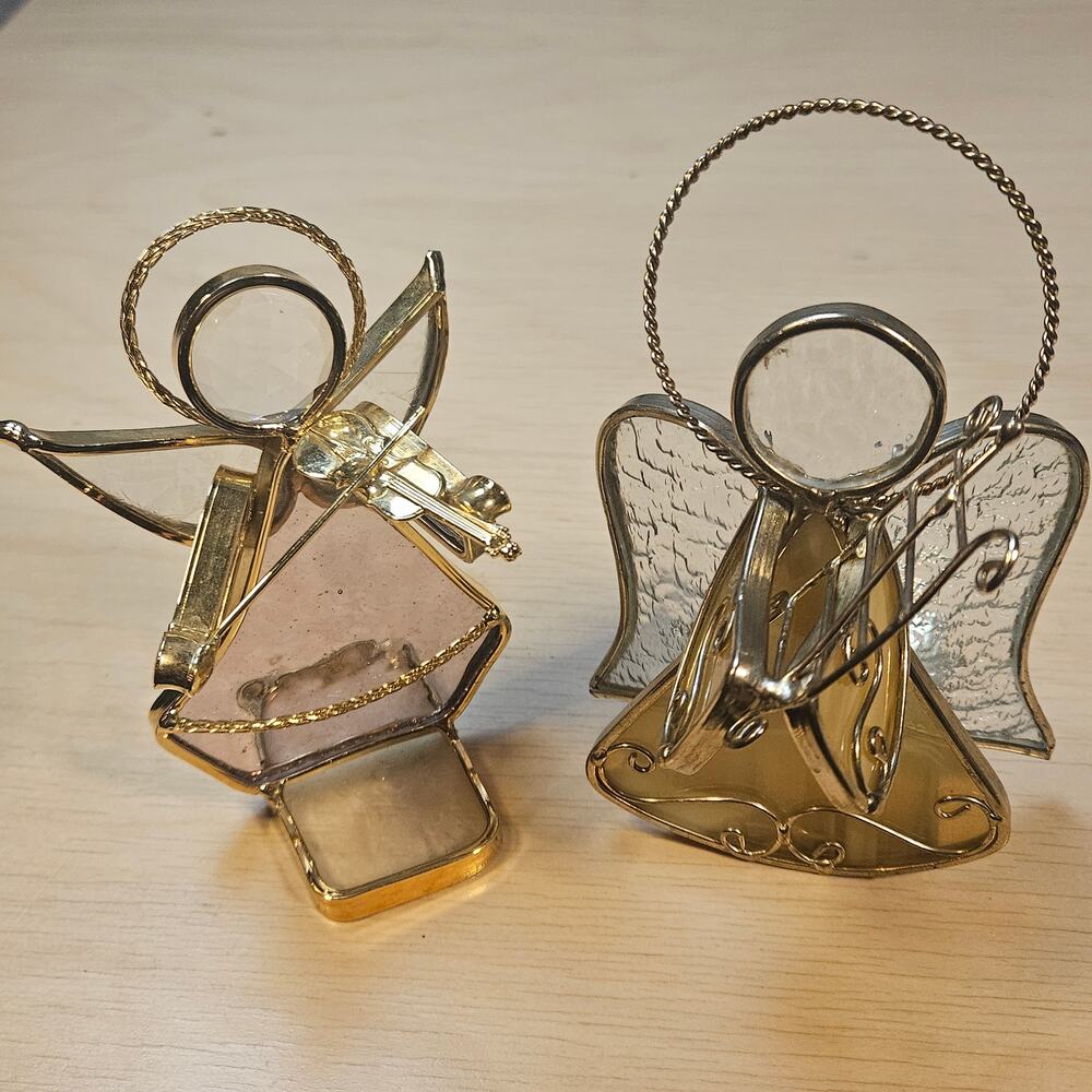 VTG Stained Glass Angel Ornaments Set Gold Wire Trim Christmas Sun Catchers 3D